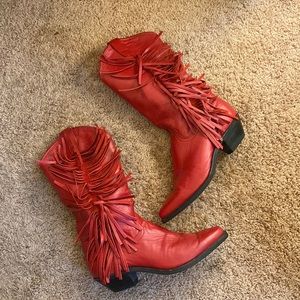 Red leather cowboy western tassel boot